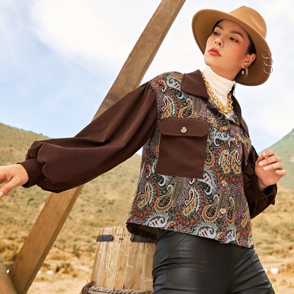 brown paisley print pocket wide sleeve jacket coa - Picture 6 of 6